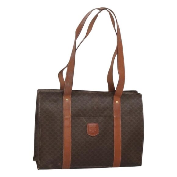 CELINE Macadam Canvas Tote Bag PVC Leather Brown Gold Auth bs25457 - Picture 1 of 16